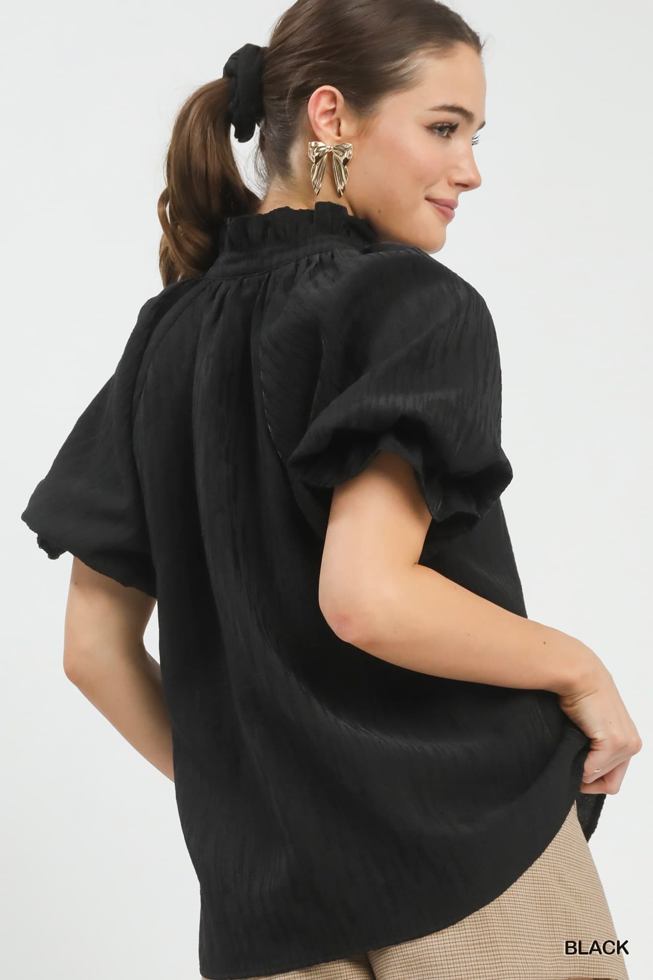 Umgee Textured Puff Sleeve Split Neck Top