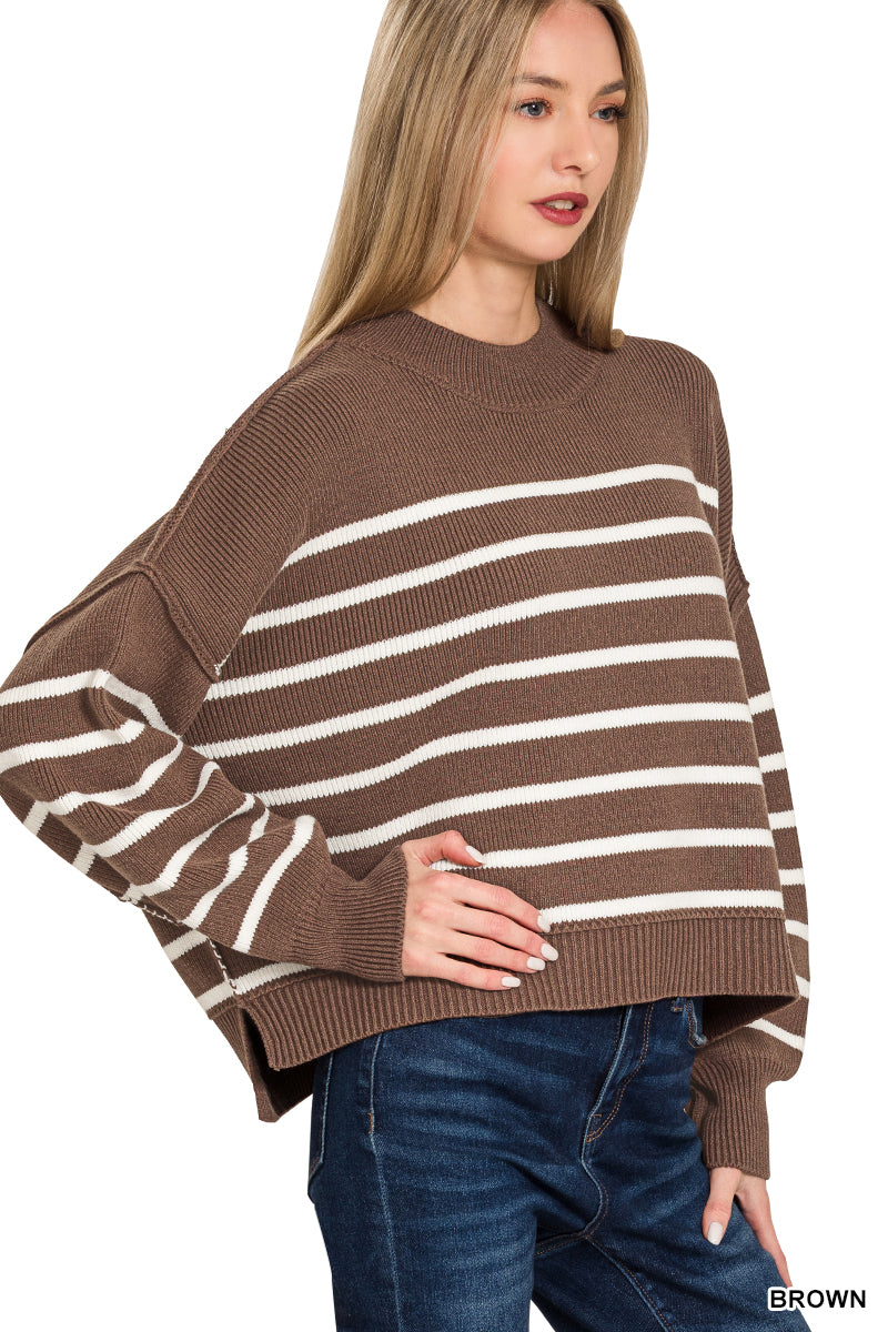 Zenana-EXPOSED SEAM STRIPED OVERSIZED SWEATER