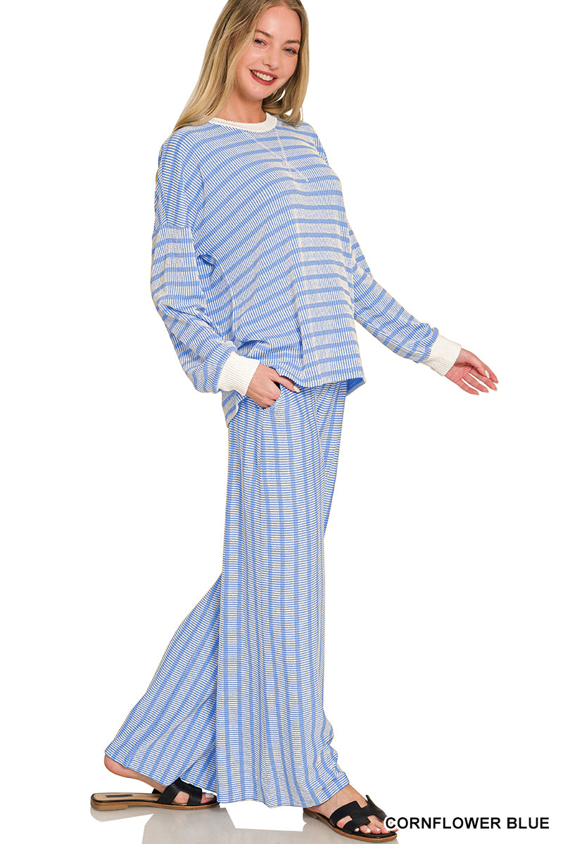 Zenana-RAISED RIB STRIPED PULLOVER & PANTS SET