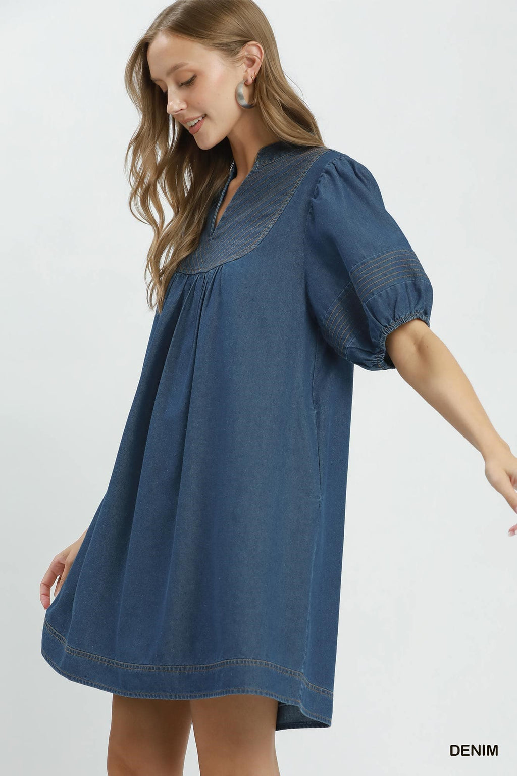 Umgee-Chambray Dress Puff Sleeve Dress