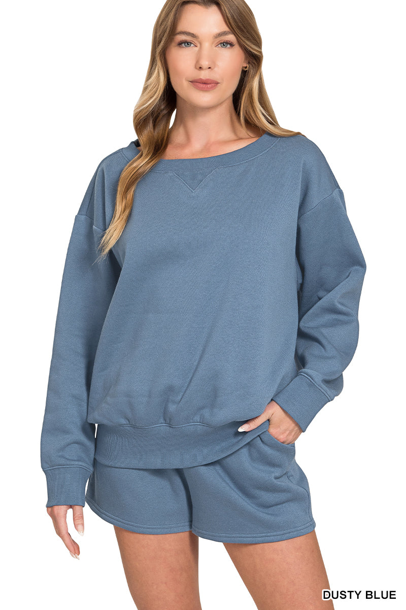 Zenana-FLEECE BOAT NECK SWEATSHIRTS & SHORTS 2PCS SET