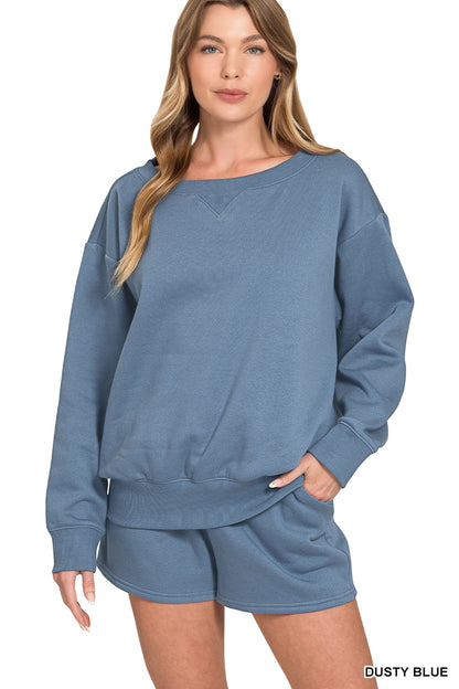 Zenana-FLEECE BOAT NECK SWEATSHIRTS & SHORTS 2PCS SET
