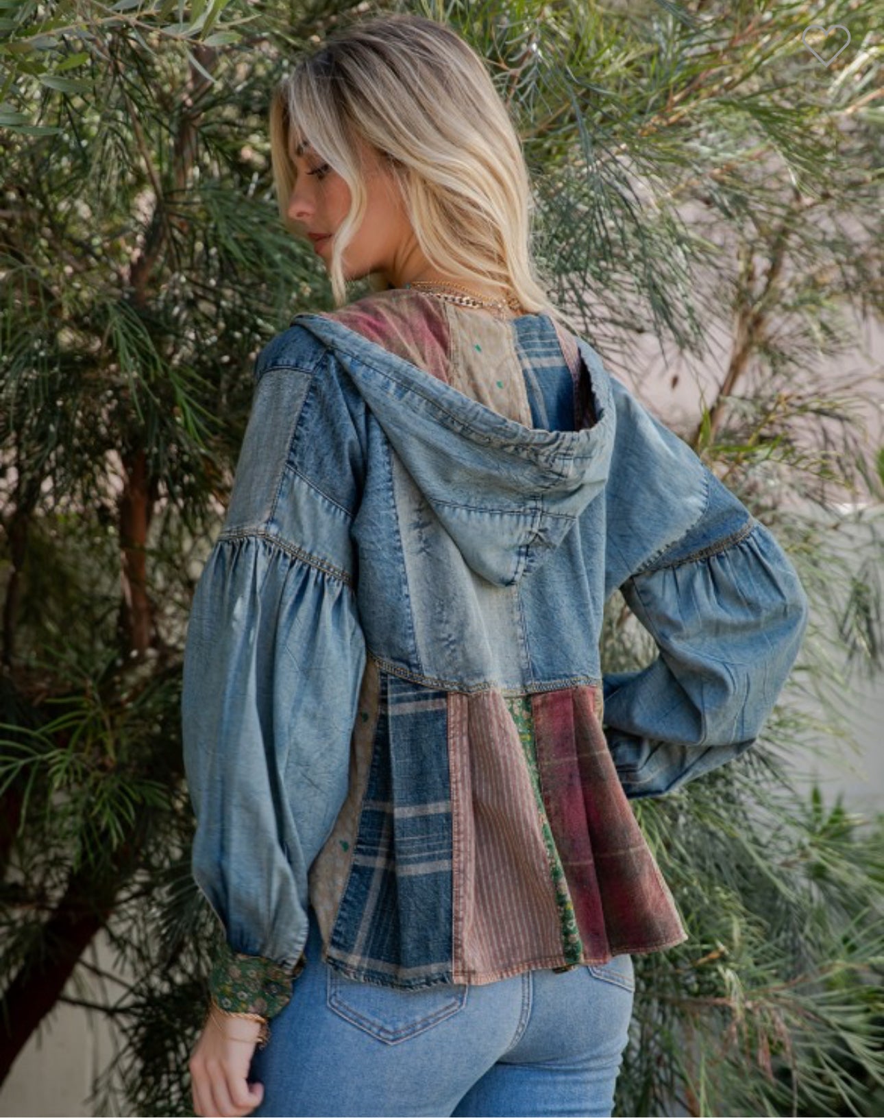 Relaxed Denim Hoodie With Eclectic Plaid Fusion