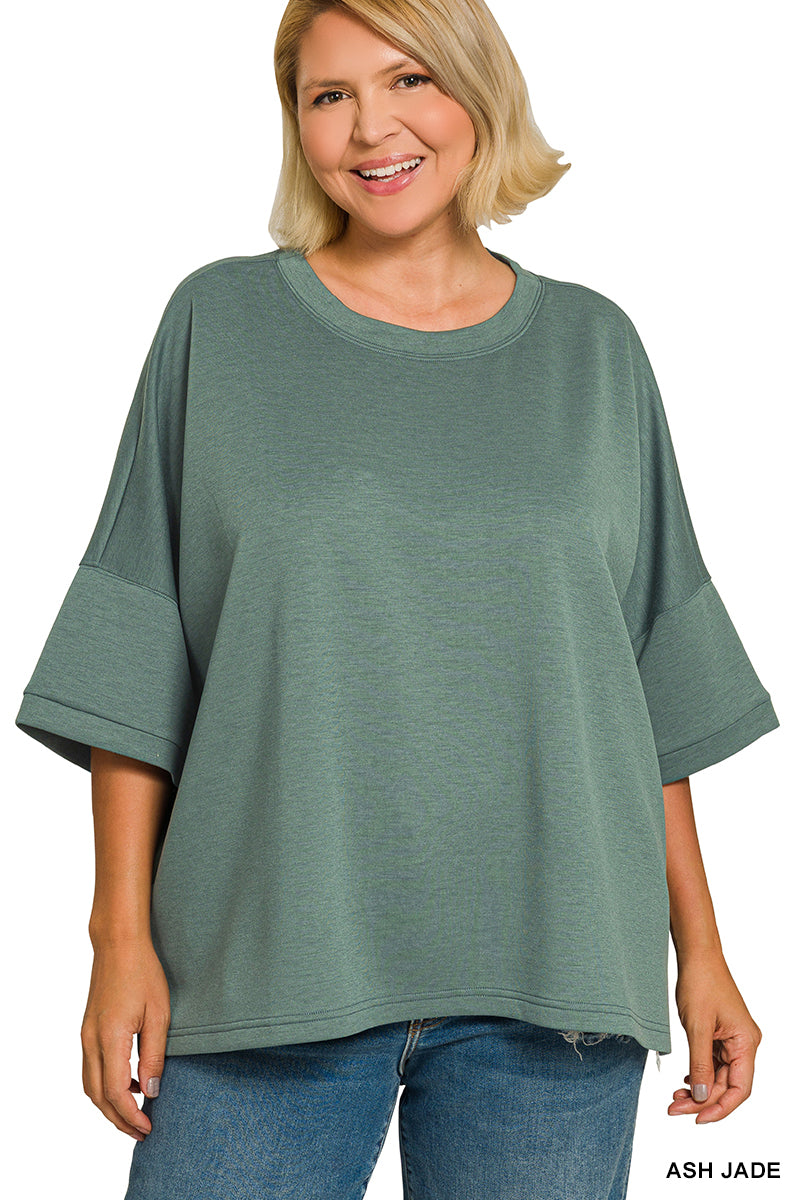 Plus Size- Zenana- PLUS SCUBA ROUND NECK TOP WITH SIDE SLITS