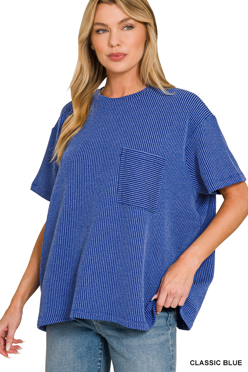 Zenana-RAISED RIB SHORT SLEEVE FRONT POCKET TOP