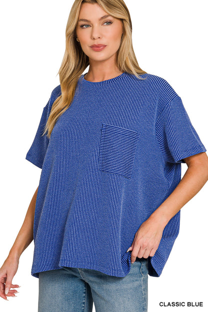 Zenana-RAISED RIB SHORT SLEEVE FRONT POCKET TOP