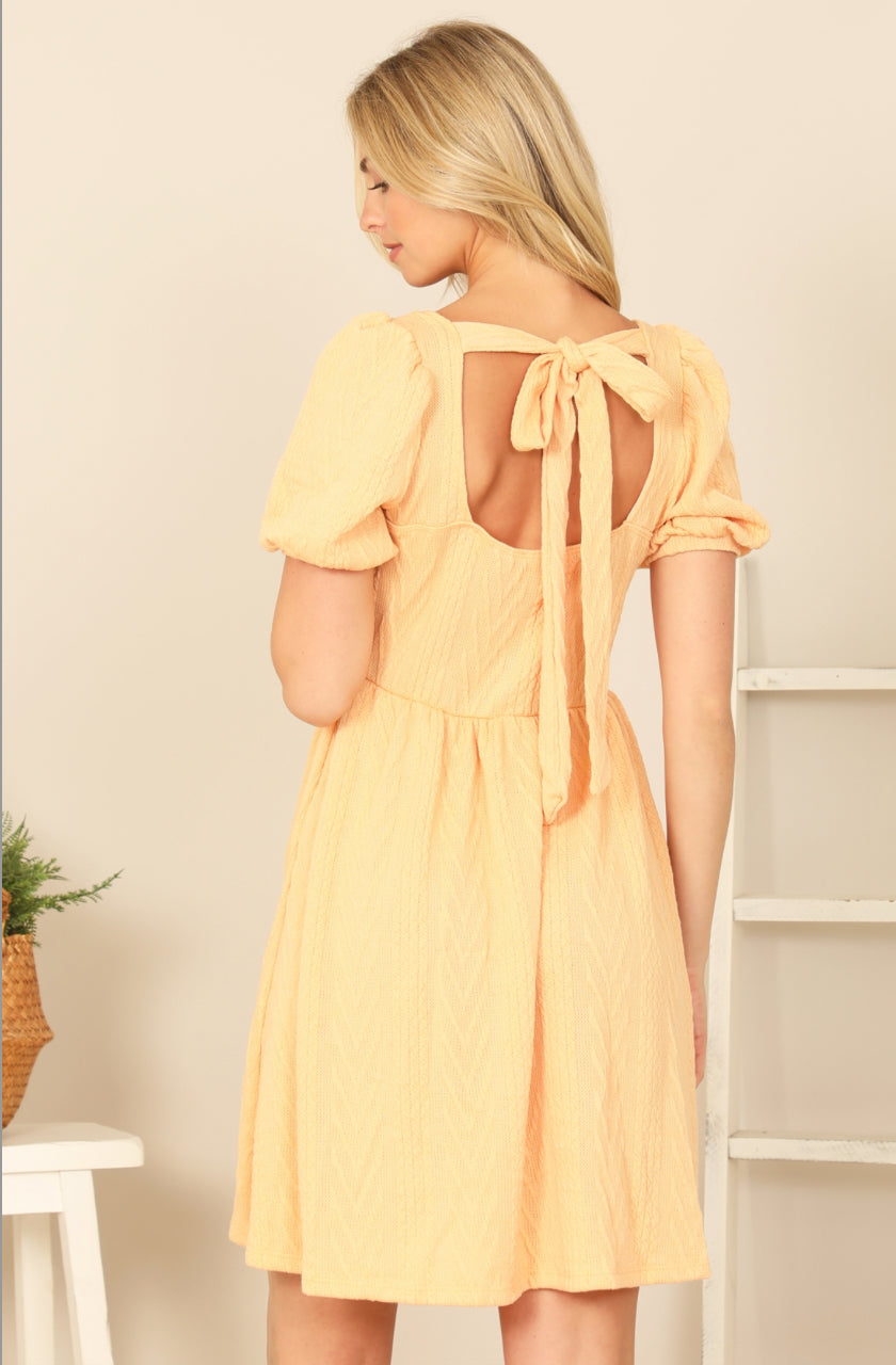 Pale Yellow Scoop Neck Ribbon Back Textured Solid Dress | USA Boutique Style