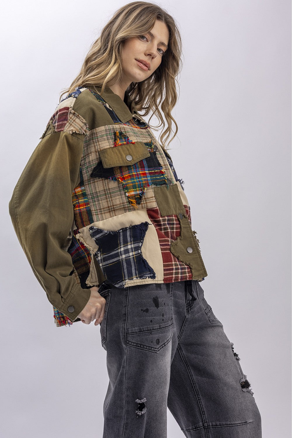 Plaid Patched Button Down Jacket - Talk of the Town