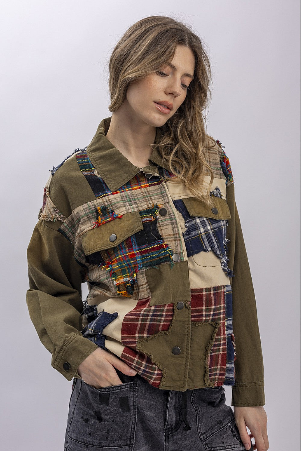 Plaid Patched Button Down Jacket - Talk of the Town