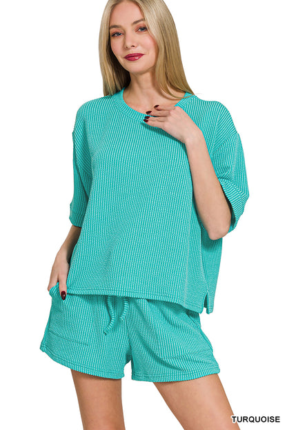 Zenana-RAISED RIB SHORT SLEEVE TEE & SHORT SET