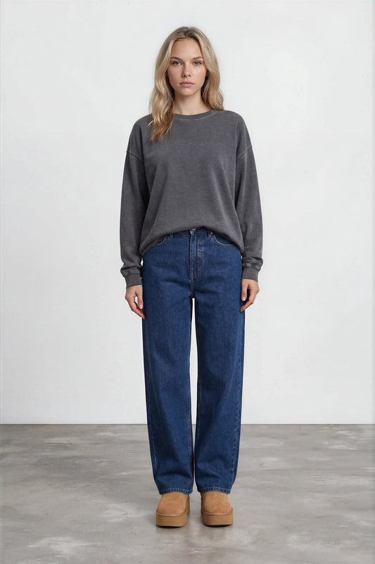 Blu Pepper-WASHED CREW NECK LONG SLEEVE KNIT TOP