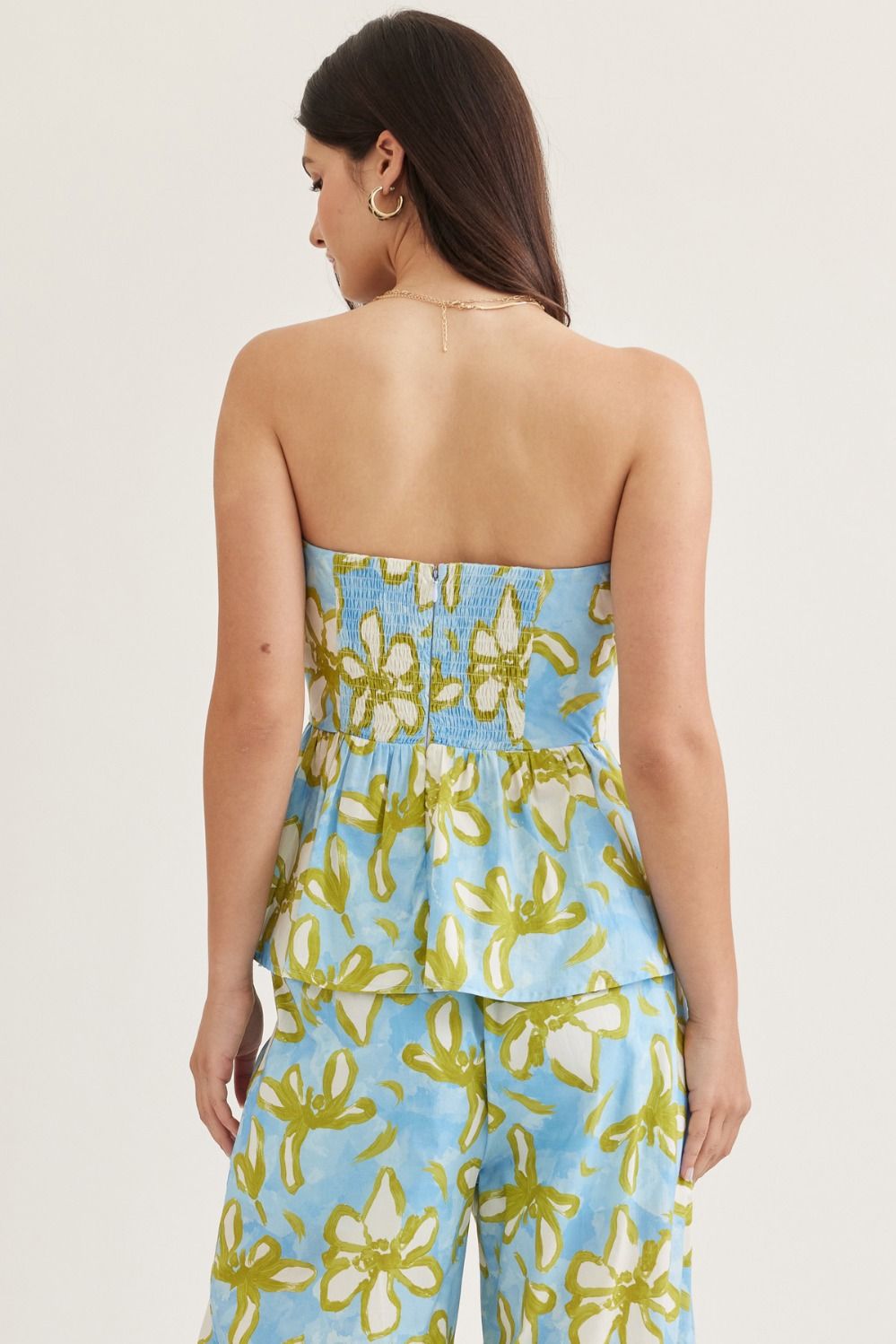 Entro Floral strapless peplum top with matching pants.