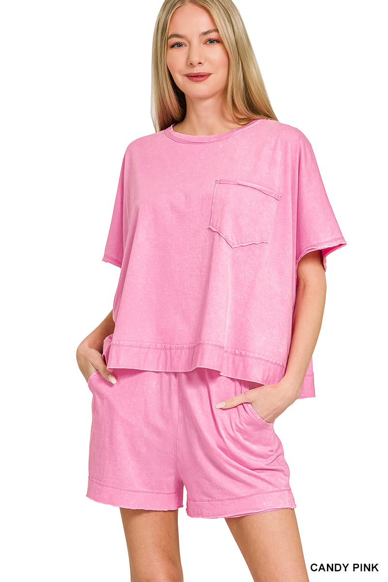 Zenana- ACID WASHED OVERSIZED TOP & SHORTS SET