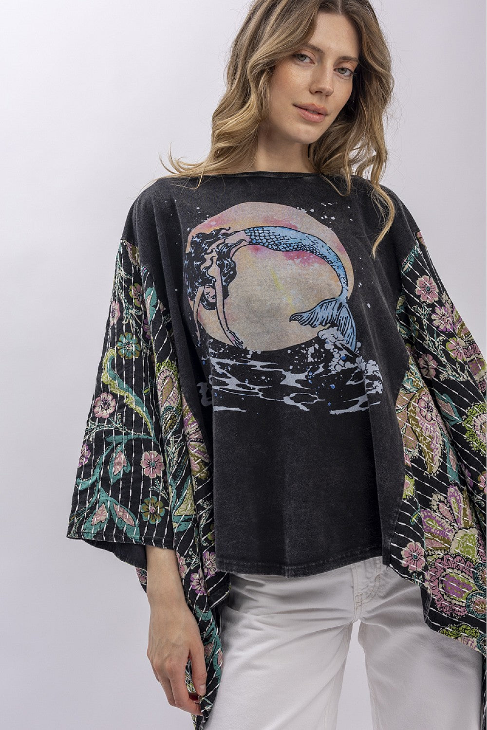 Mermaid Print Stitched Pancho Sleeve Top - Talk of the Town