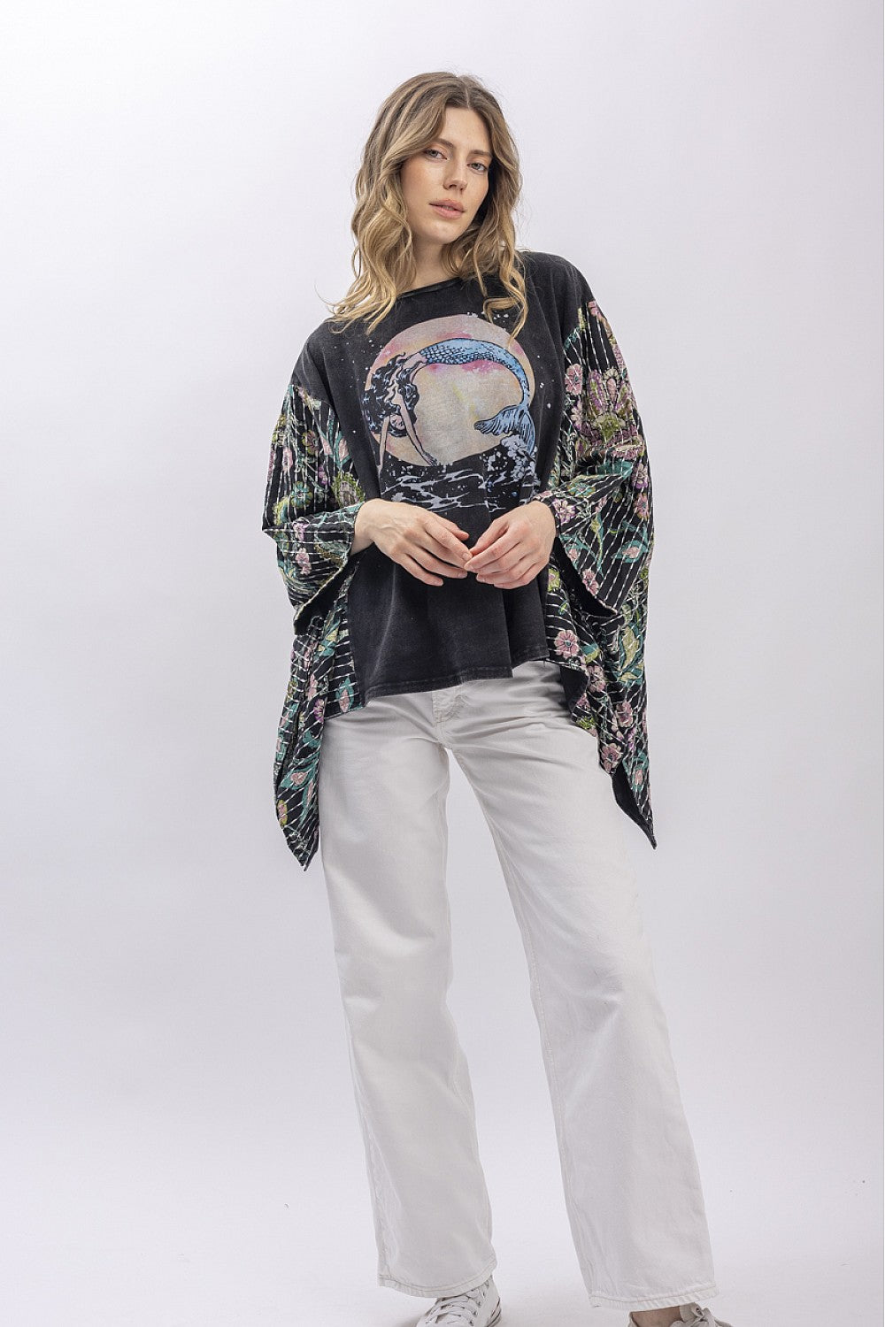 Mermaid Print Stitched Pancho Sleeve Top - Talk of the Town