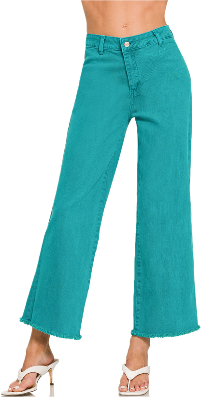 Zenana Acid Washed High Waist Frayed Wide Pants
