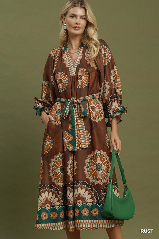 Umgee-Abstract Print Belted Midi Dress