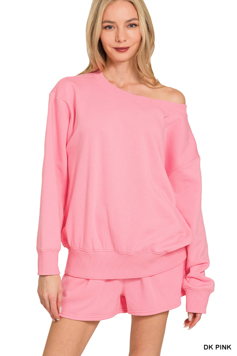 Zenana-FLEECE BOAT NECK SWEATSHIRTS & SHORTS 2PCS SET