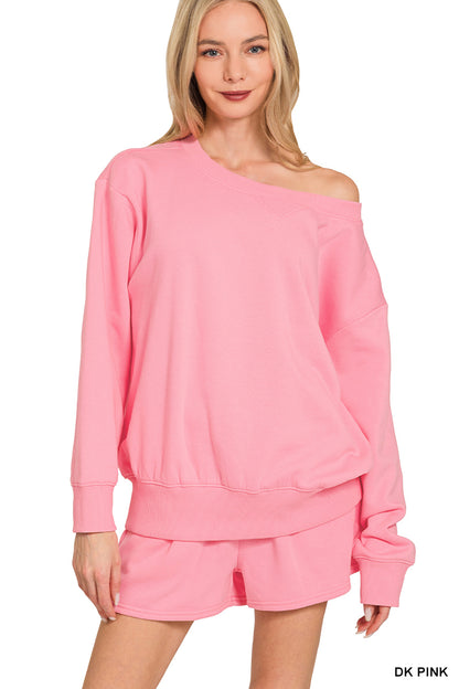 Zenana-FLEECE BOAT NECK SWEATSHIRTS & SHORTS 2PCS SET