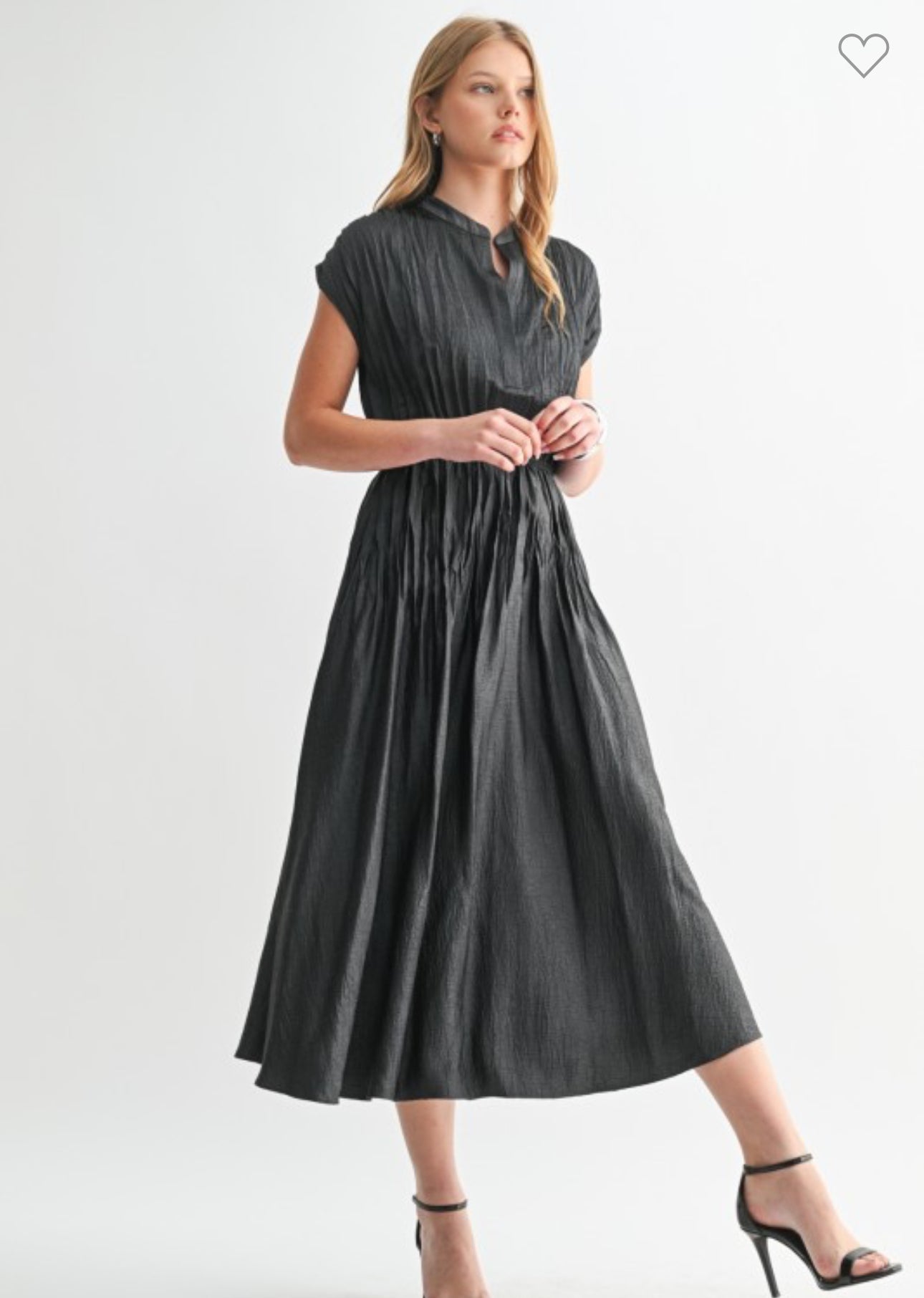 Texture Satin Pleat Drop Shoulder Midi Dress