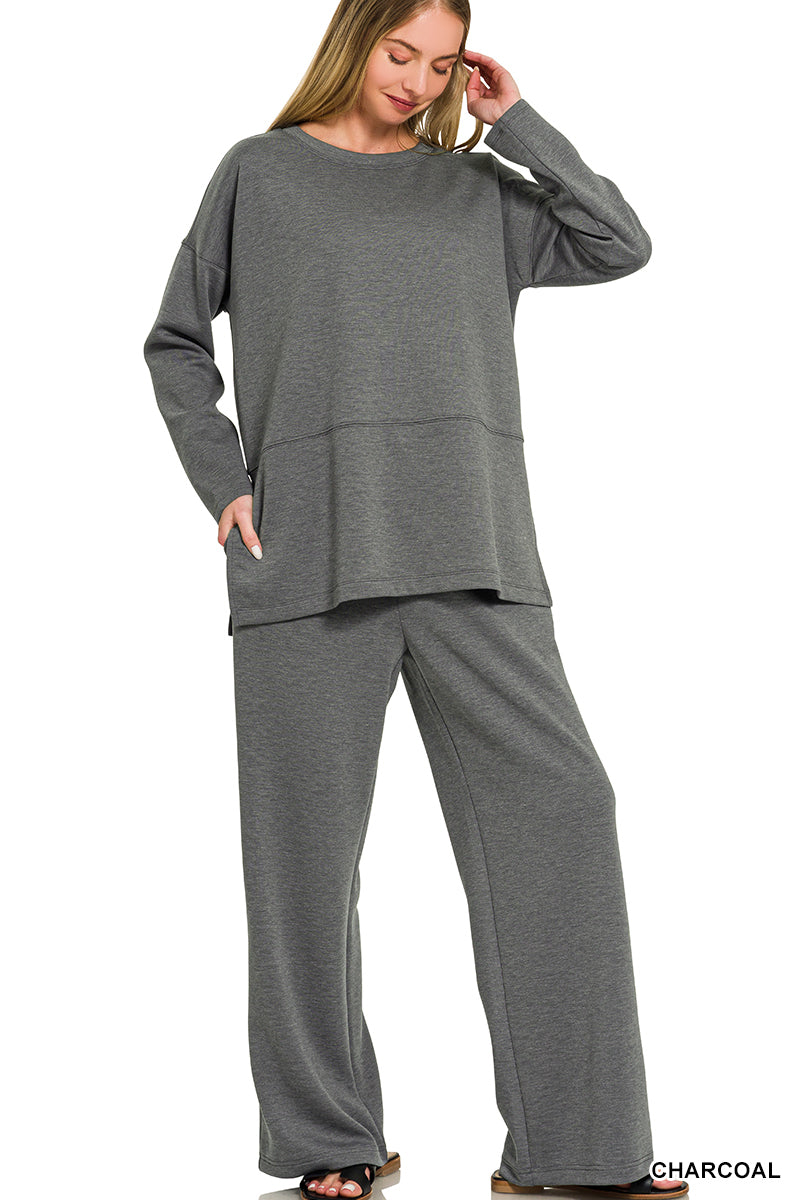 Zenana-SCUBA SIDE SLIT TOP & PANTS SET
