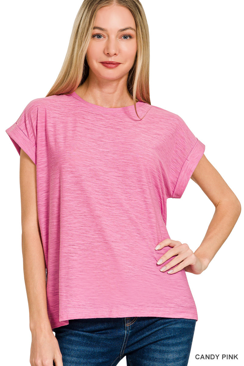 Zenana- SLUB CUFFED SLEEVE TEE