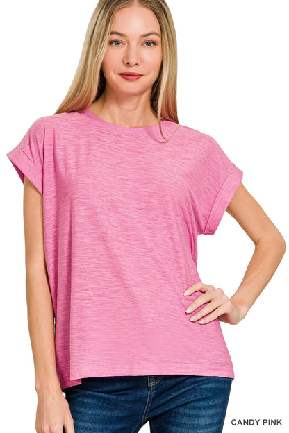 Zenana- SLUB CUFFED SLEEVE TEE
