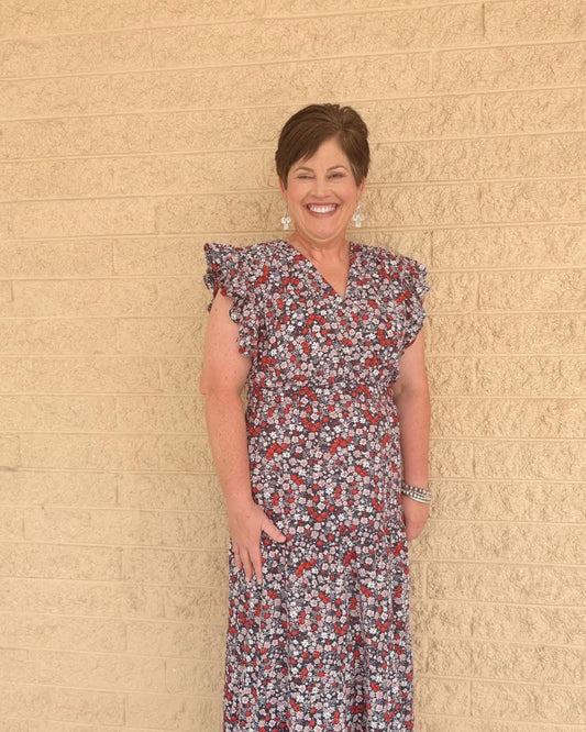 Ditsy Floral Midi Tiered Dress with Flutter Sleeve