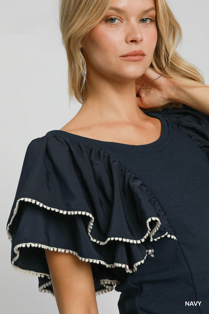 Umgee Ruffle Sleeved Rib Knit Top
