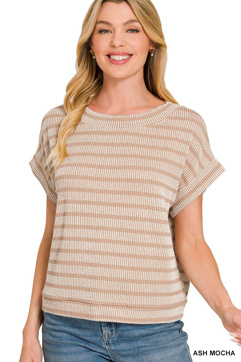 Zenana- RAISED RIB STRIPED TOP