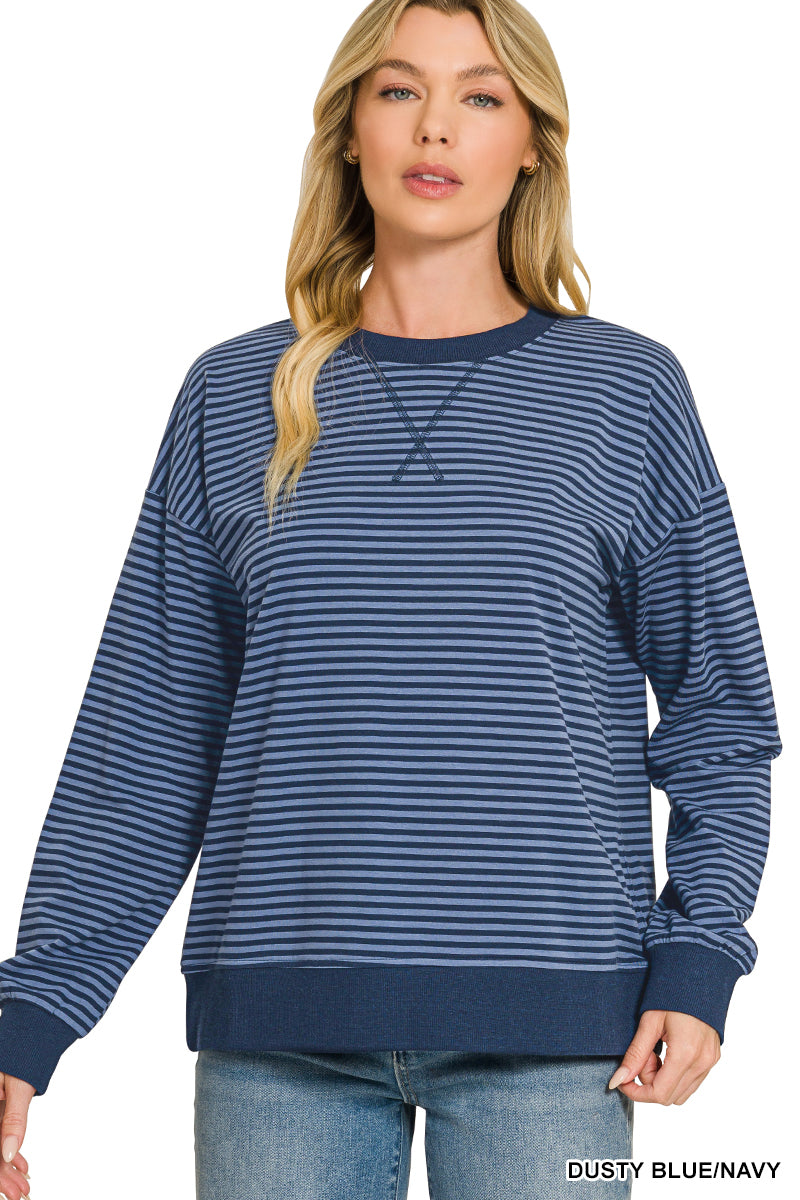 Zenana-STRIPED RIB BANDED PULLOVER