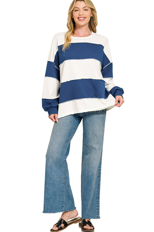 Zenana-Plus Size FRENCH TERRY COLOR BLOCK EXPOSED SEAM TOP