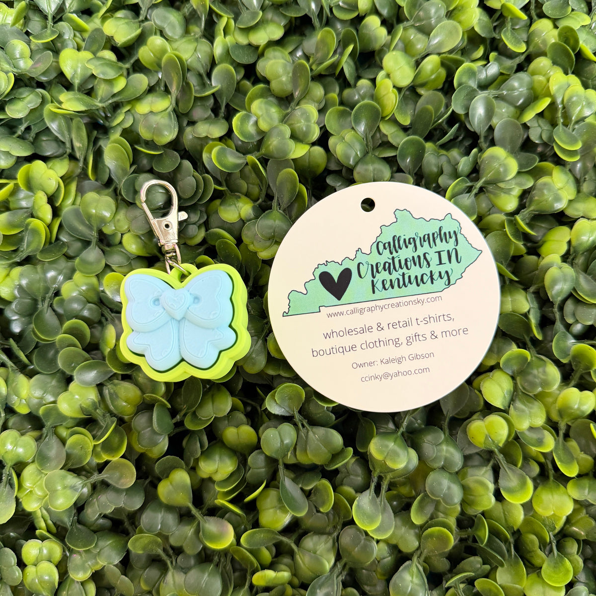 Light Blue/Apple Green Bow Fidget Clicker Keychain
