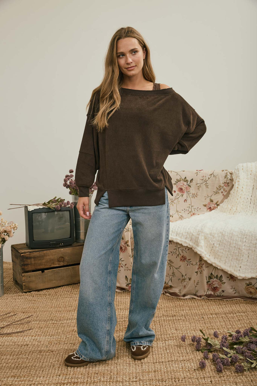 Blue Pepper-TIERED SLEEVE BOAT NECK EXPOSED SEAM KNIT TOP