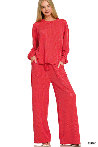 Zenana-Raised Rib pant set w/pockets
