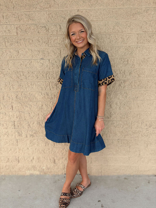 Chambray Leopard Accent Denim Button Front Dress