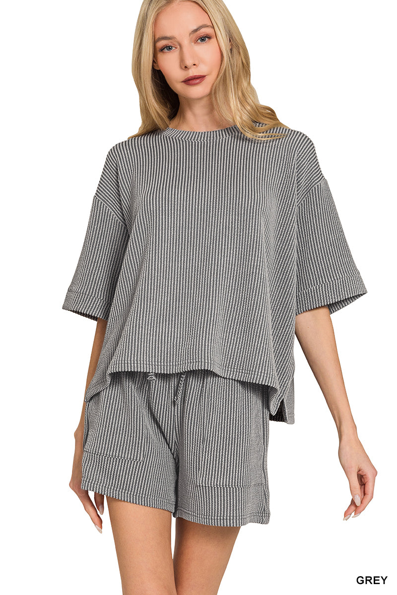 Zenana-RAISED RIB SHORT SLEEVE TEE & SHORT PANTS SET