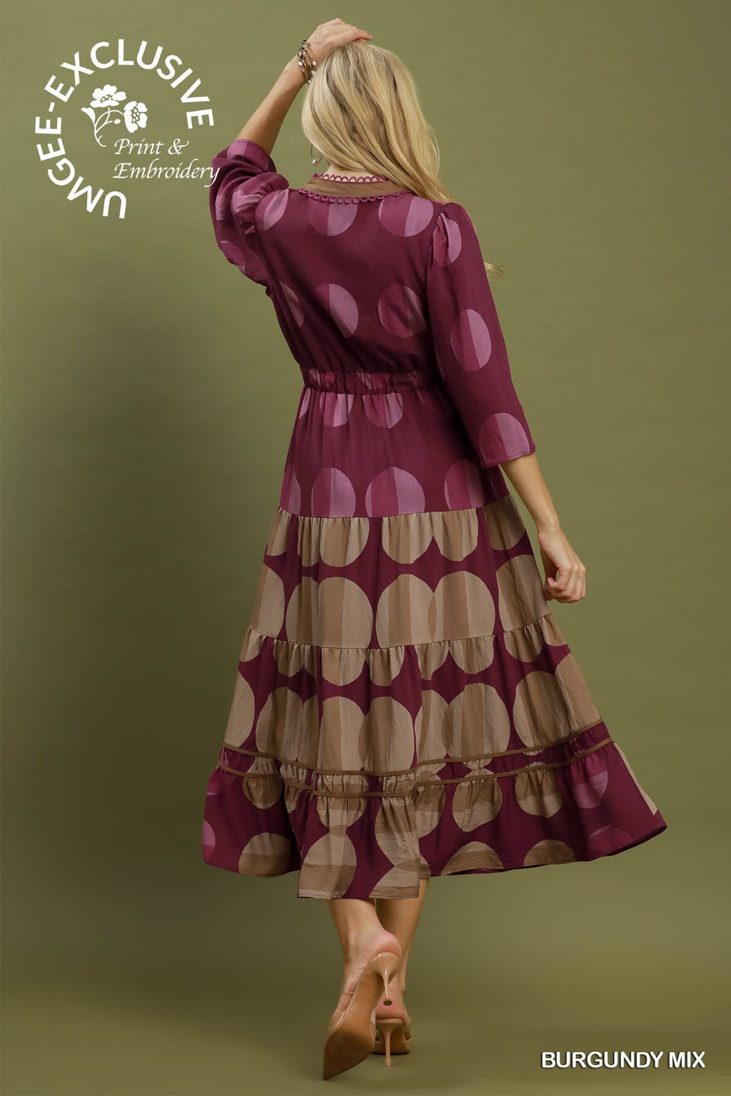 Umgee-Mix Polka Dot Tiered Boho Midi Dress
