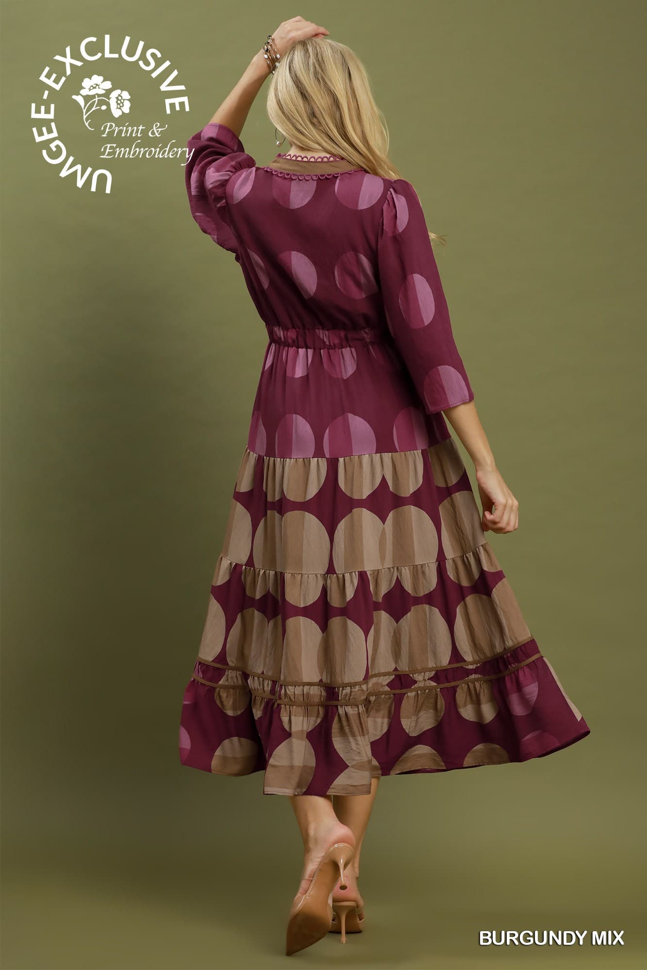Umgee-Mix Polka Dot Tiered Boho Midi Dress