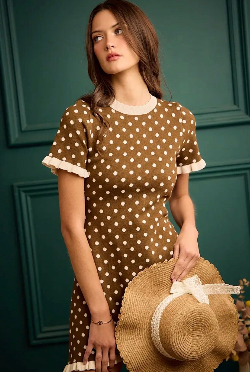 Mocha Dots Ruffle Sweater Dress