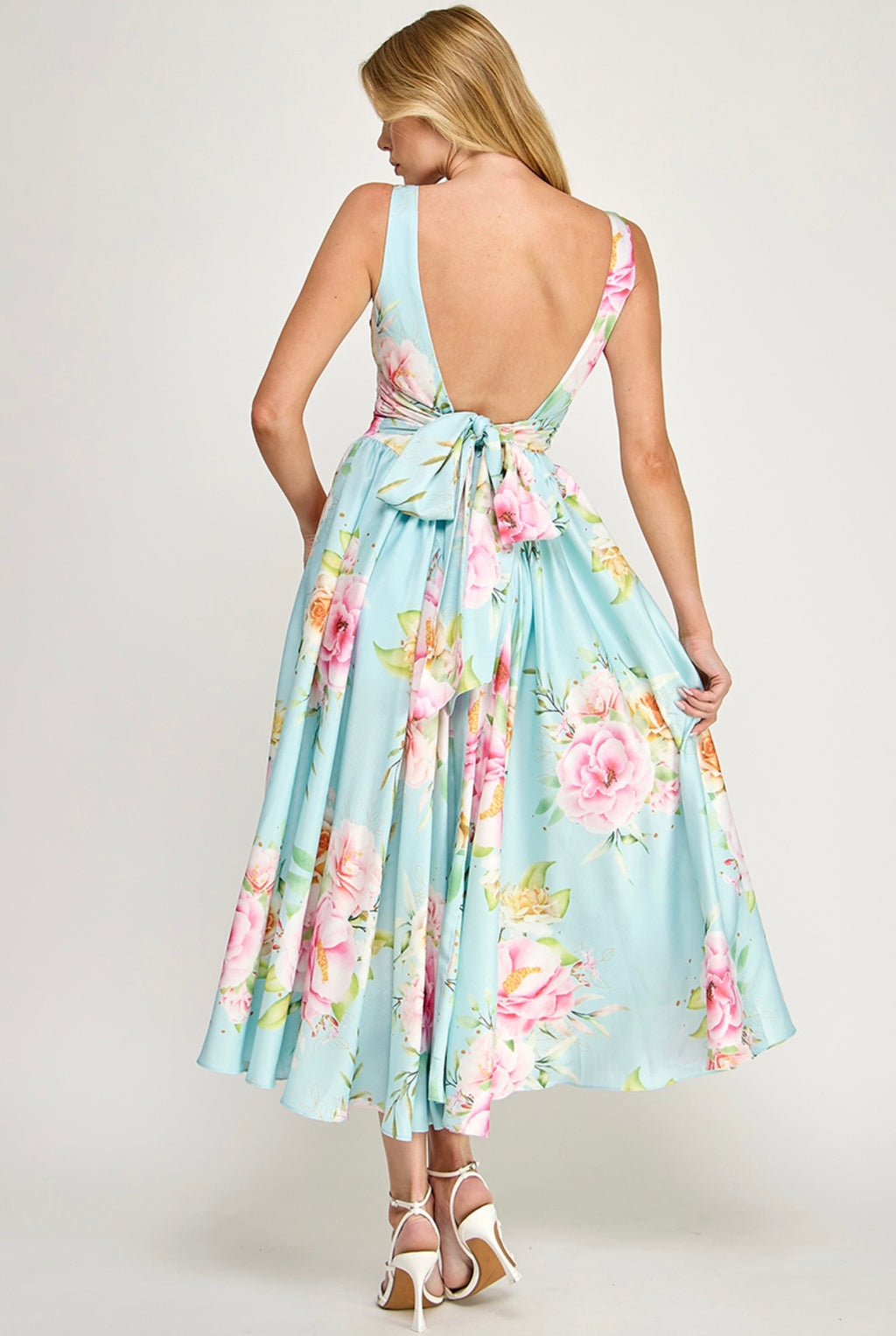 Pastel Garden Open-Back Midi Dress