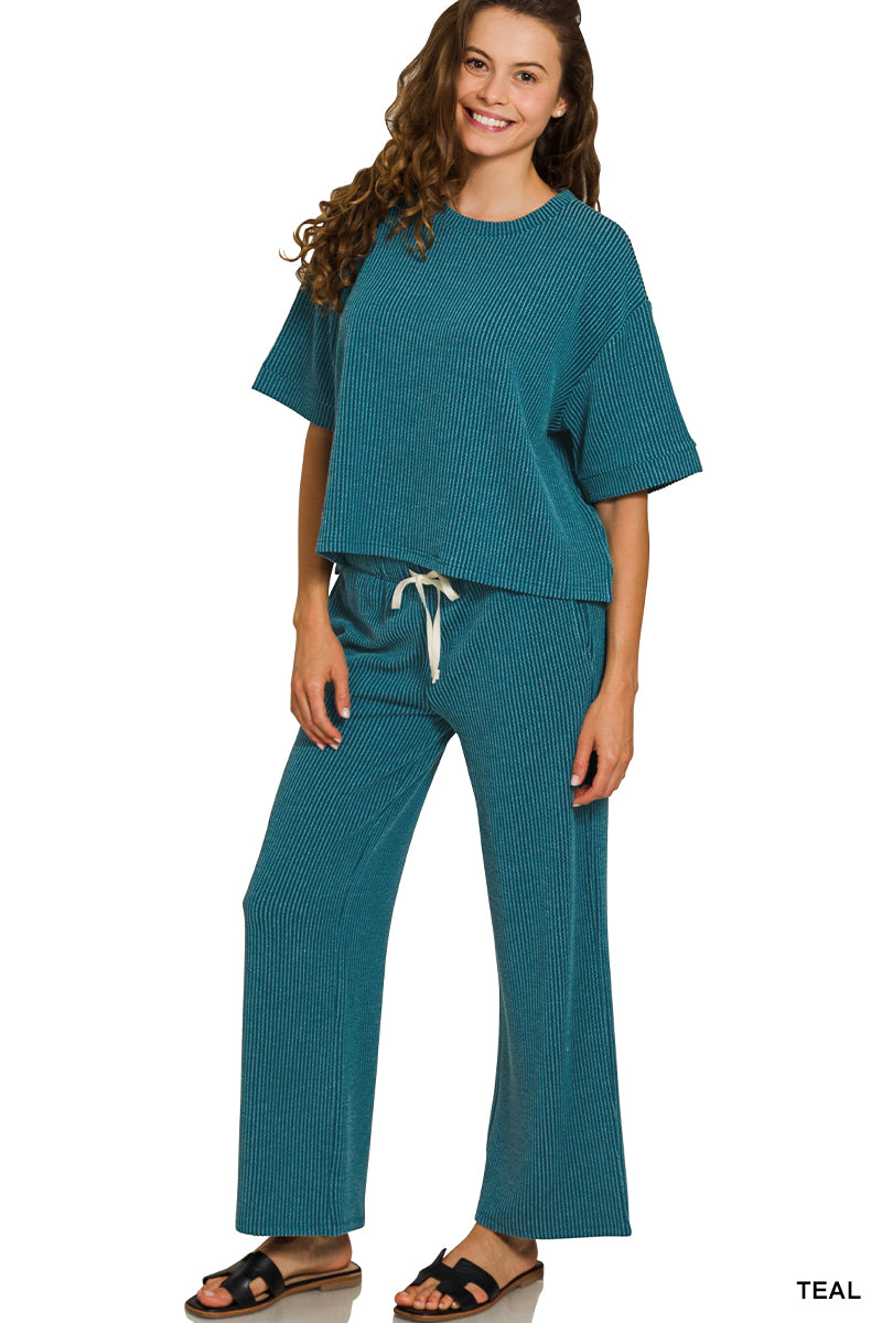 Zenana-RAISED RIB SHORT SLEEVE TEE & PANTS SET