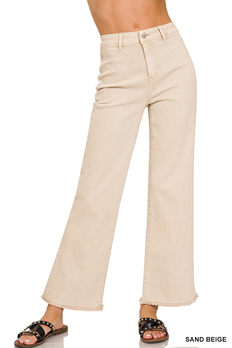 Zenana Acid Washed High Waist Frayed Wide Pants
