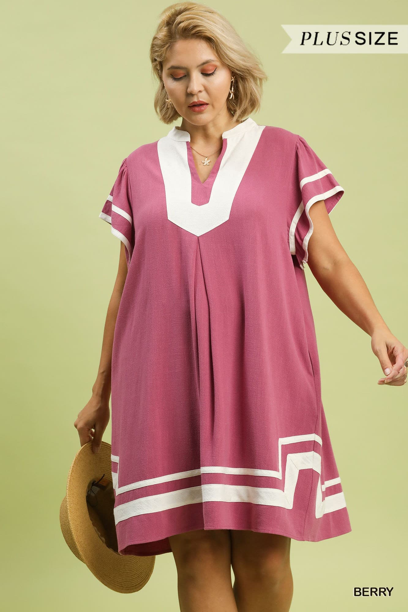 Plus Size Umgee Linen Contrast Trim Short Sleeve Dress