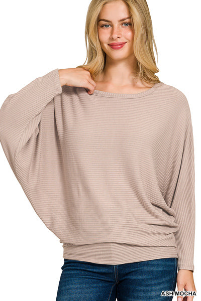 Zenana-RIBBED BATWING LONG SLEEVE BOAT NECK SWEATER