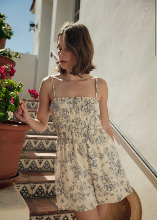 Gauze Floral Print Smocking Romper