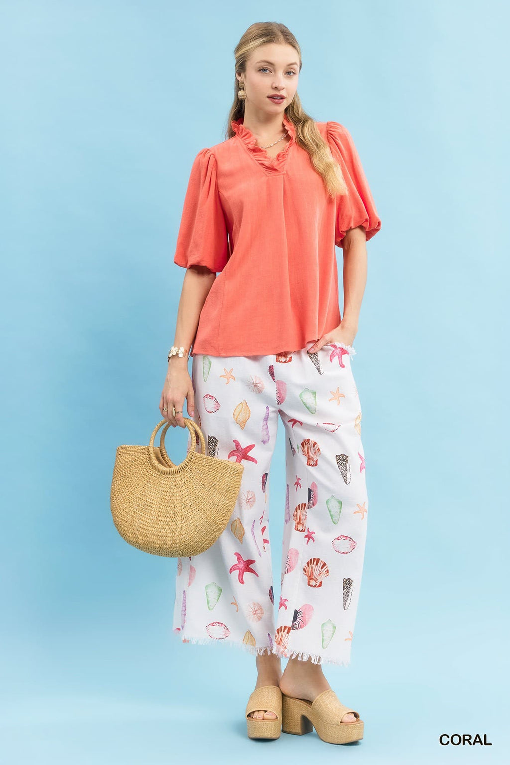 Umgee Linen Scallop Trim V-Neck Top