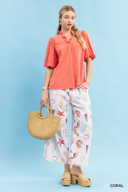 Umgee Linen Scallop Trim V-Neck Top