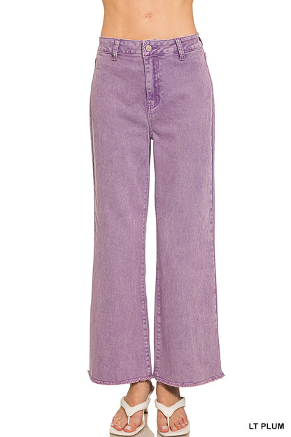 Zenana ACID WASHED FRAYED CUTOFF HEM STRAIGHT WIDE PANTS