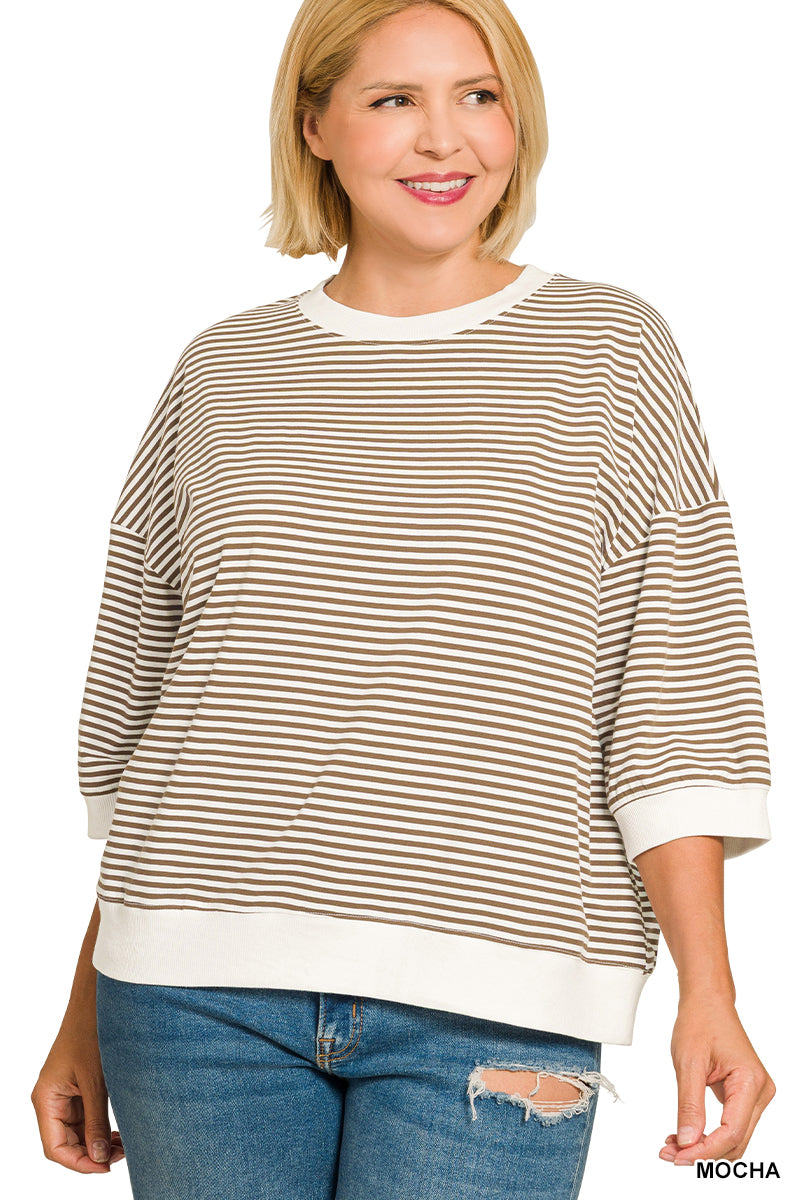 Zenana-PLUS STRIPED CONTRAST TRIM RIB BANDED TOP